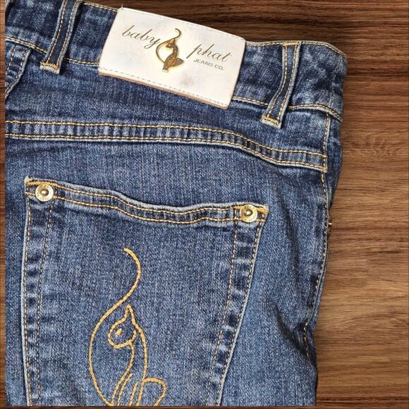 Baby Phat Cropped Denim Low Rise Cat Logo Jeans with Cuffed Hem - Picture 6 of 10